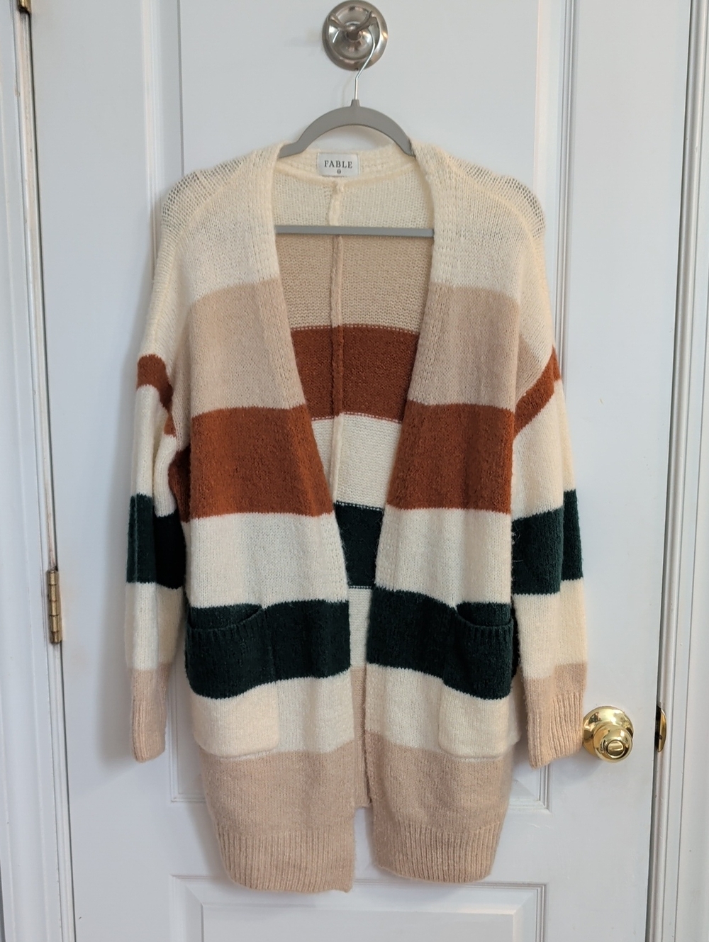 Fable Striped Open-Front Cardigan Cream Rust Green Fall Layering Granola Retro